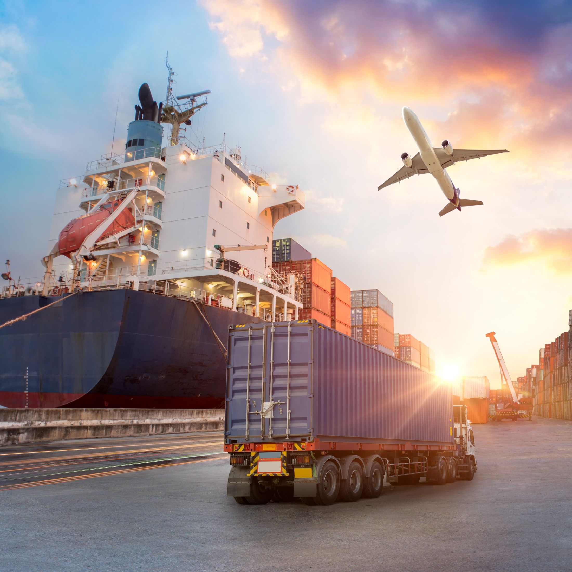 Cargo ship, truck and airplane at a freight port