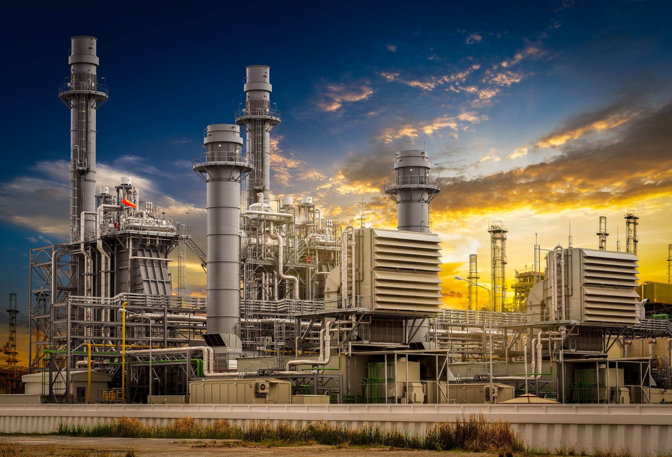 Gas-fired power plant at sunset